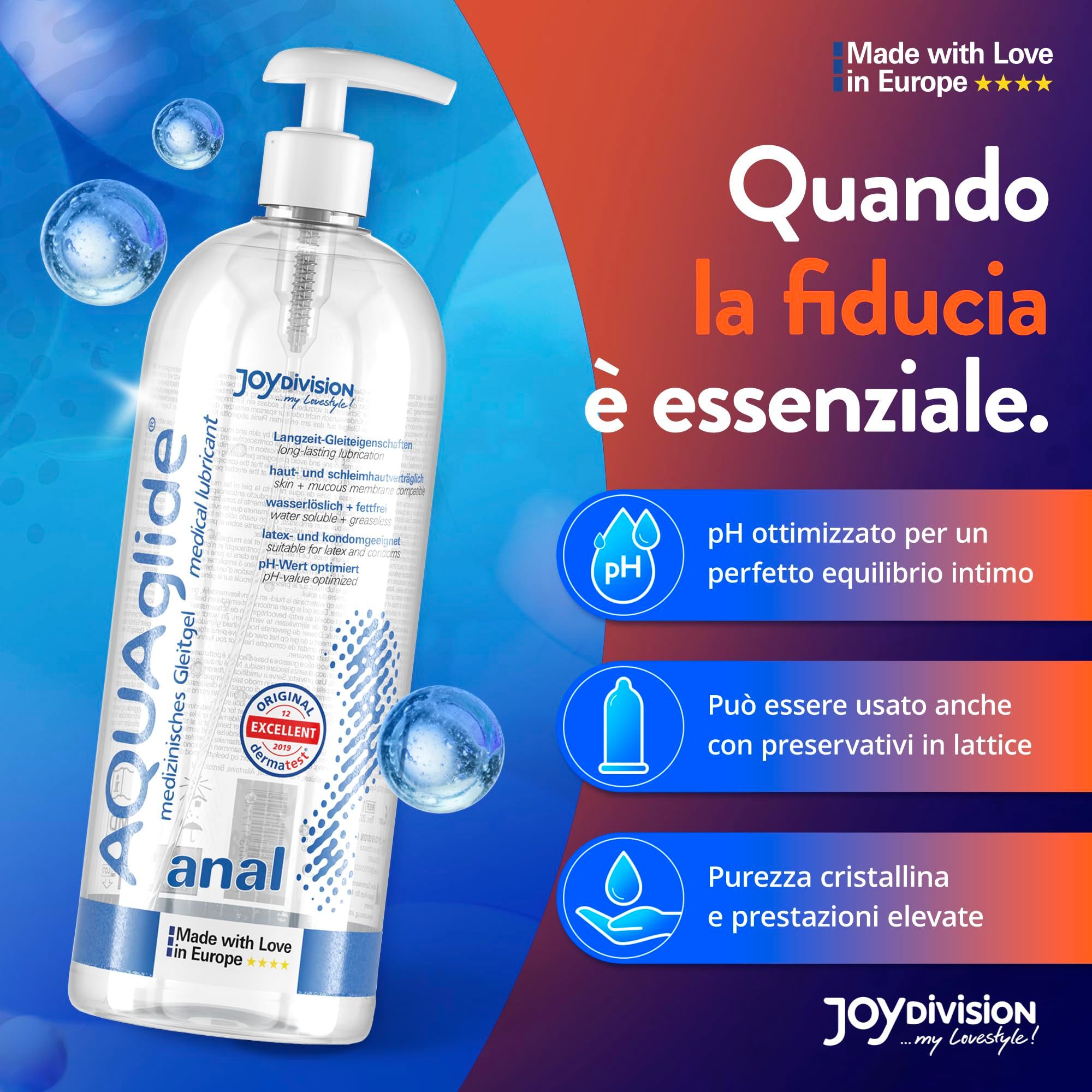 AQUAglilde Anale glijmiddel met pompdosering, met Italiaanse teksten en iconen.