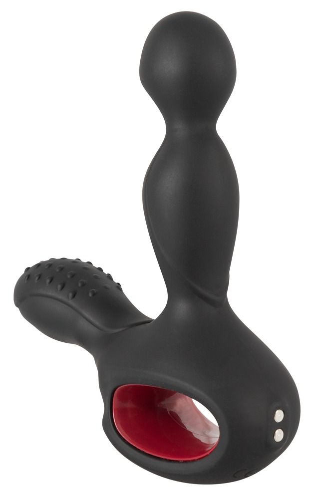 Zwarte siliconen prostaatstimulator met rode ring en noppen.