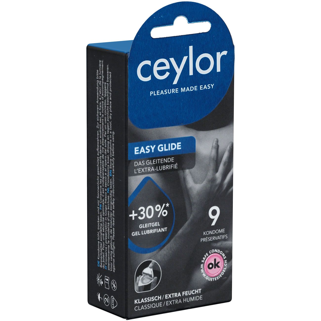 Boîte noire avec le nom Ceylor et Easy Glide. Contient 9 préservatifs. Inscription : +30% gel lubrifiant, classique/extra humide.