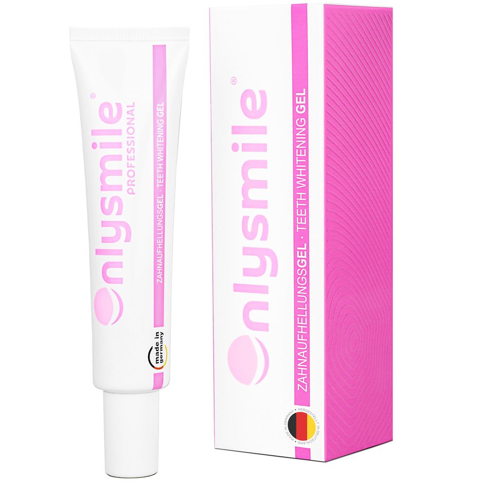 Tandbleekgel in tube en verpakking. Roze-wit ontwerp. Made in Germany.
