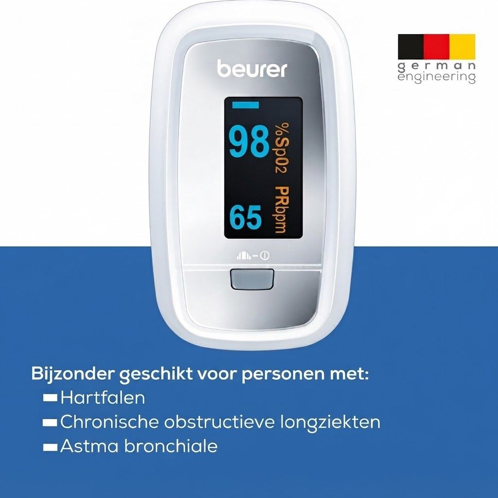 Beurer vingerpulsoximeter PO 30 in verpakking, zijaanzicht.