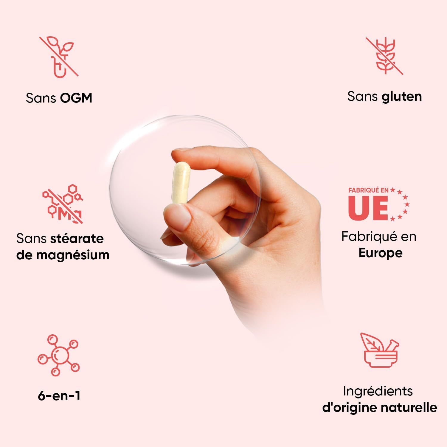 Une main tient une capsule jaune. Icônes indiquent : Sans OGM, sans gluten, sans stéarate de magnésium, 6-en-1, ingrédients d'origine naturelle, fabriqué en UE.