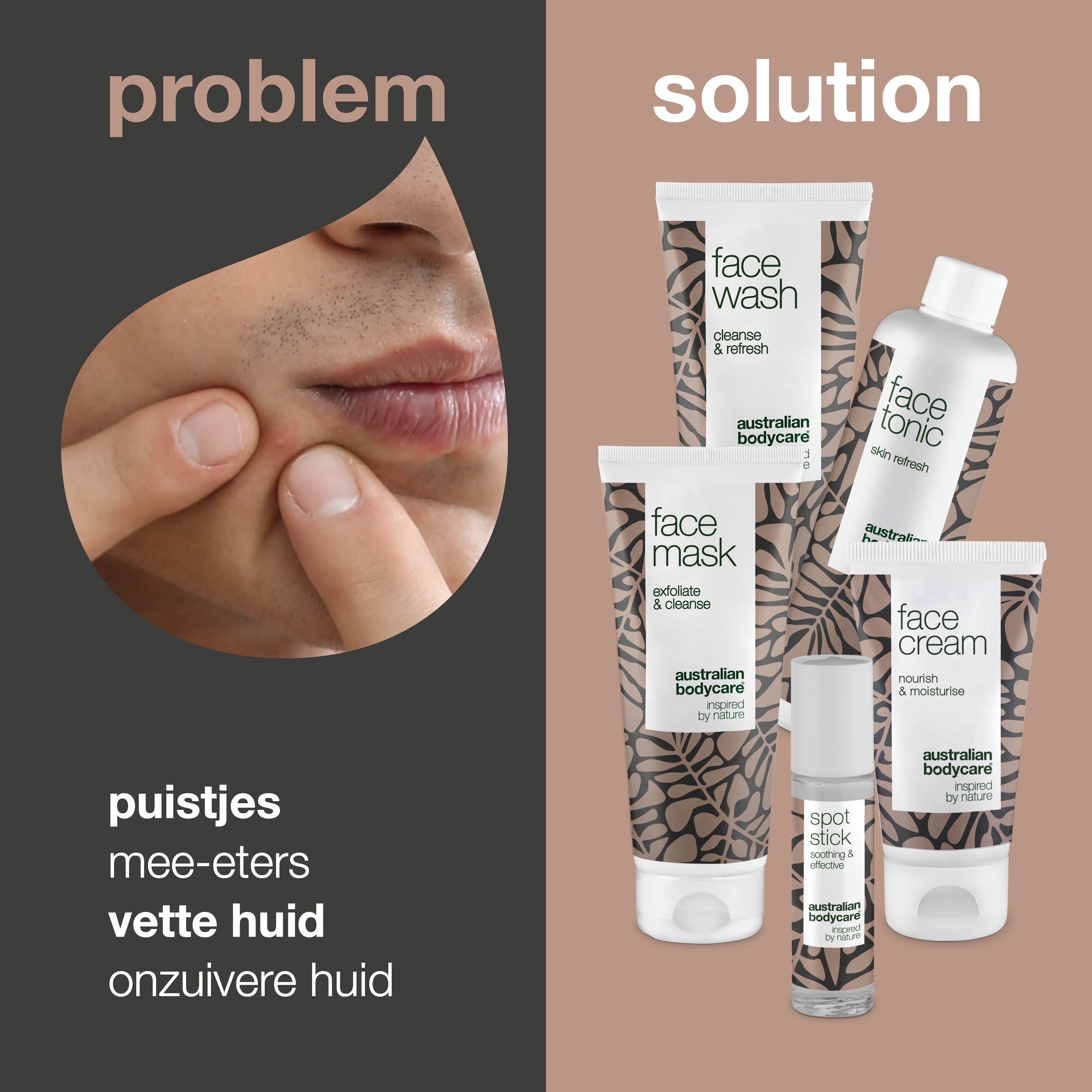 Gezicht met huidproblemen. Gezichtsverzorgingsset: Face Wash, Face Mask, Face Cream, Face Tonic en Spot Stick.