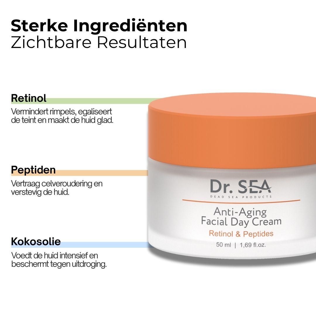 Crèmepot met deksel. Tekst: Sterke ingrediënten, zichtbare resultaten. Ingrediënten: Retinol, peptiden, kokosolie.