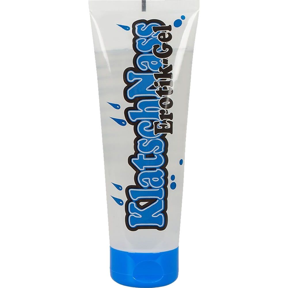 Tube de gel KlatschNass Erotik, bleu et blanc. Gouttes bleues. Bouchon bleu.