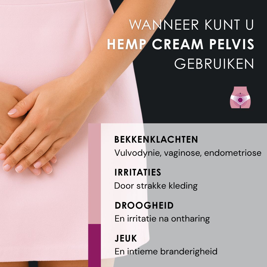 Tekst: WANN KUNT U HEMP CREAM PELVIS GEBRUIKEN. Tekst: BEKKENKLACHTEN, IRRITATIES, DROOGHEID, JEUK.