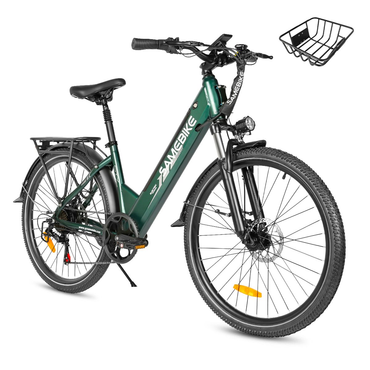 Vélo électrique vert avec panier. Marque SAMEBIKE. Pneus noirs, porte-bagages, phare. Batterie 36V 15Ah.