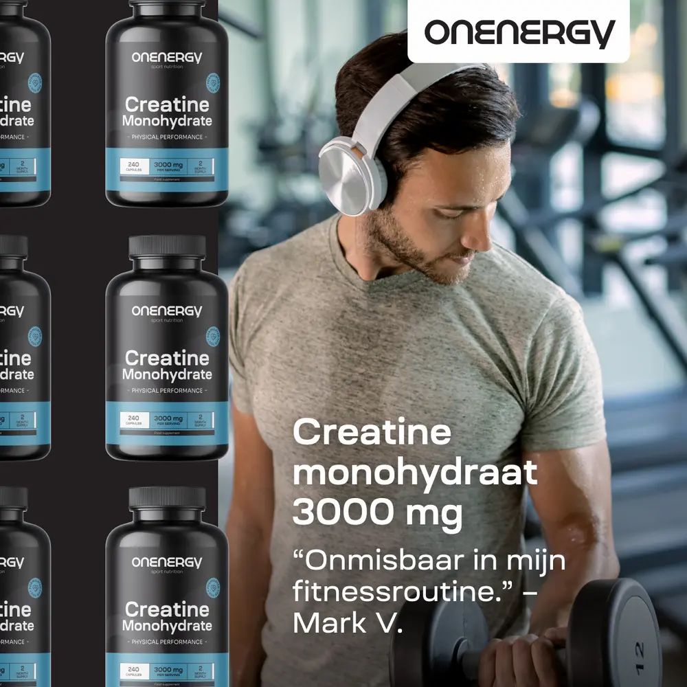 Man met koptelefoon en halter. Flessen met Creatine Monohydrate. Tekst: Creatine monohydraat 3000 mg.