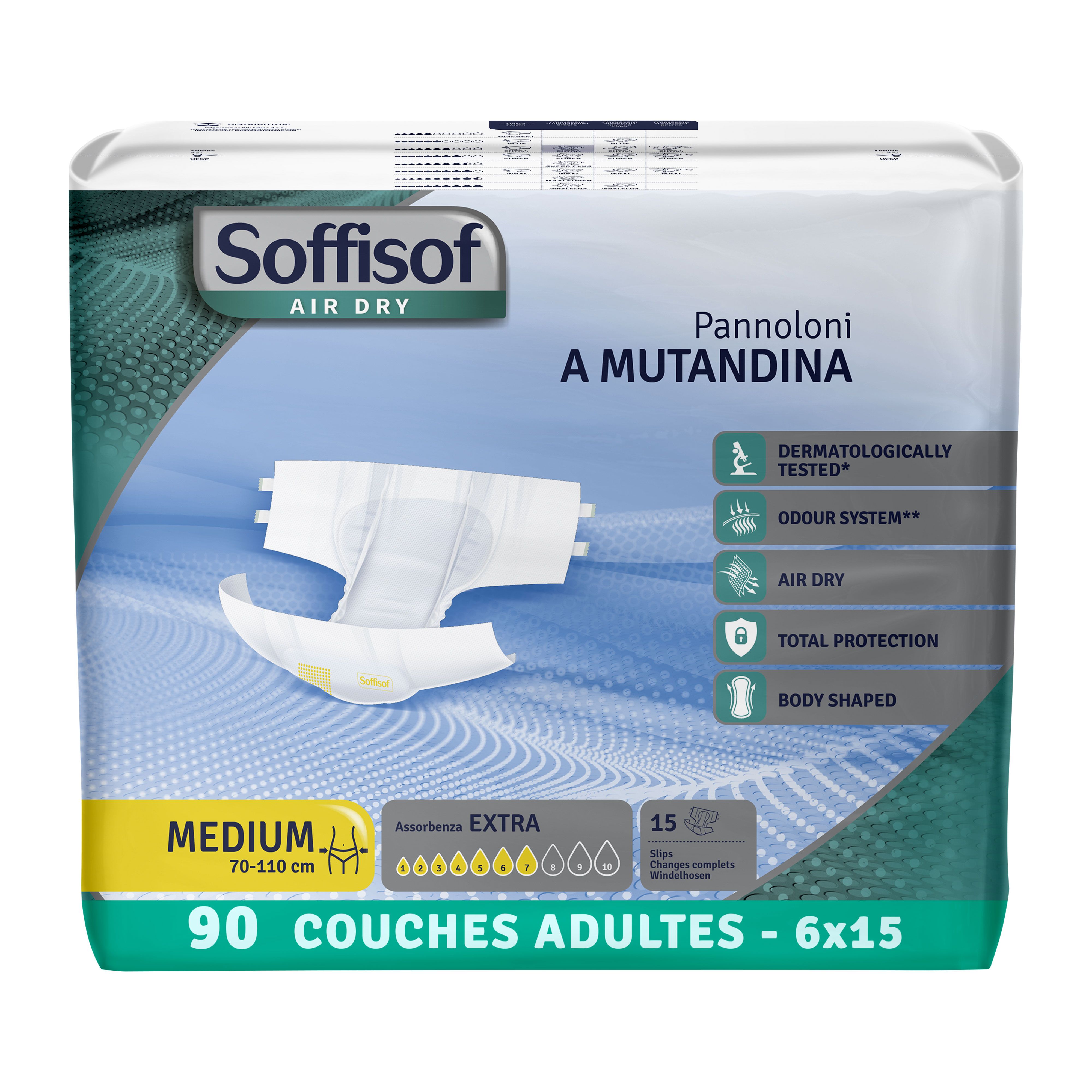 Paquet de couches Soffisof Air Dry. Taille Medium, 70-110 cm. 90 couches.