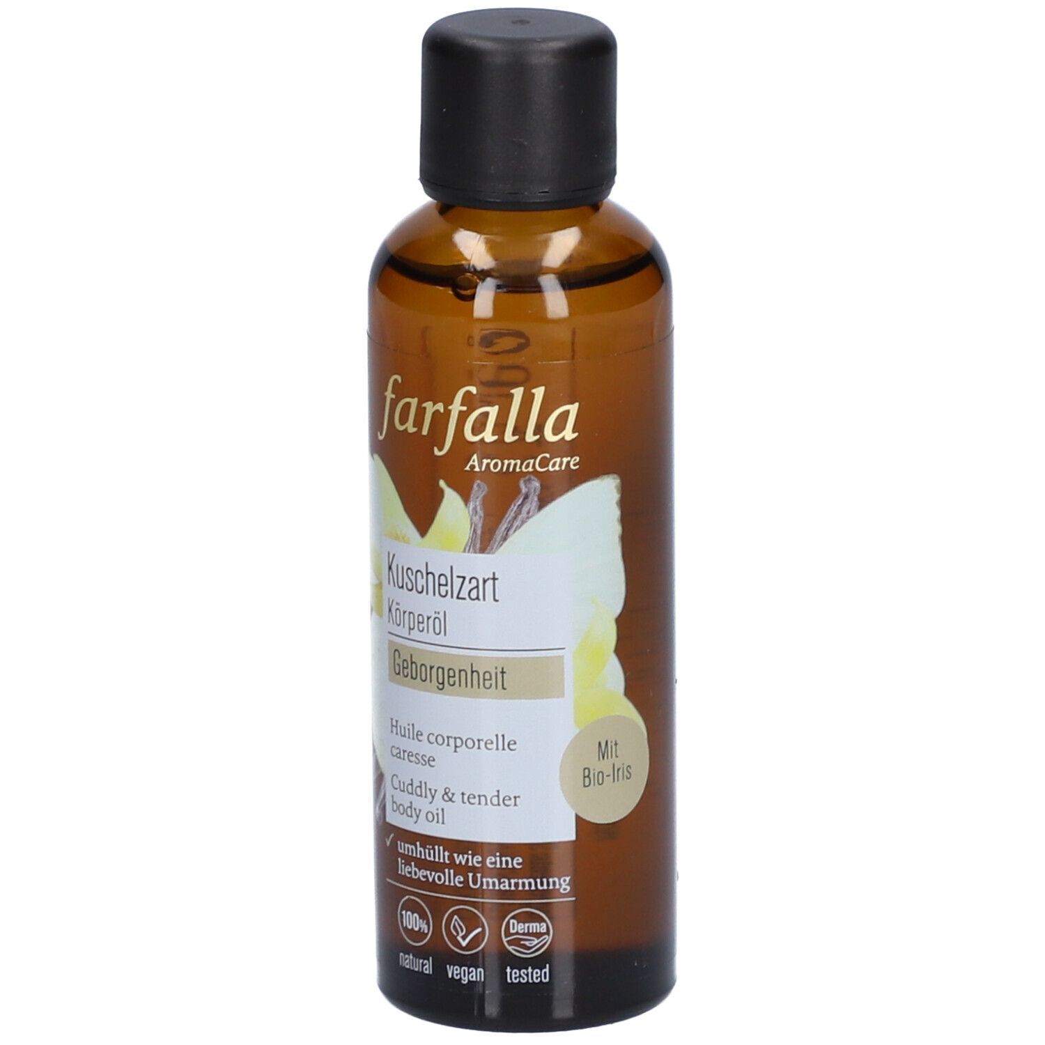 Bruine glazen fles met zwarte dop. Opschrift: farfalla AromaCare, Kuschelzart Körperöl, Huile corporelle caresse, Cuddly & tender body oil, Met Bio-Iris.