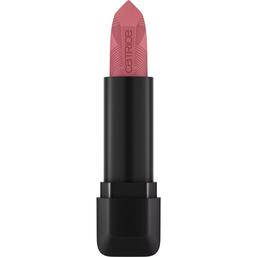 Rouge à lèvres rose dans un étui noir. Le rouge à lèvres présente un motif.