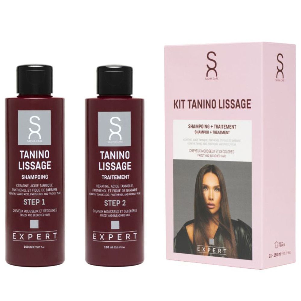 Deux flacons rouges et une boîte rose. Inscription: Kit Tanino Lissage. Marque: Sacha Care. Image d'une femme.