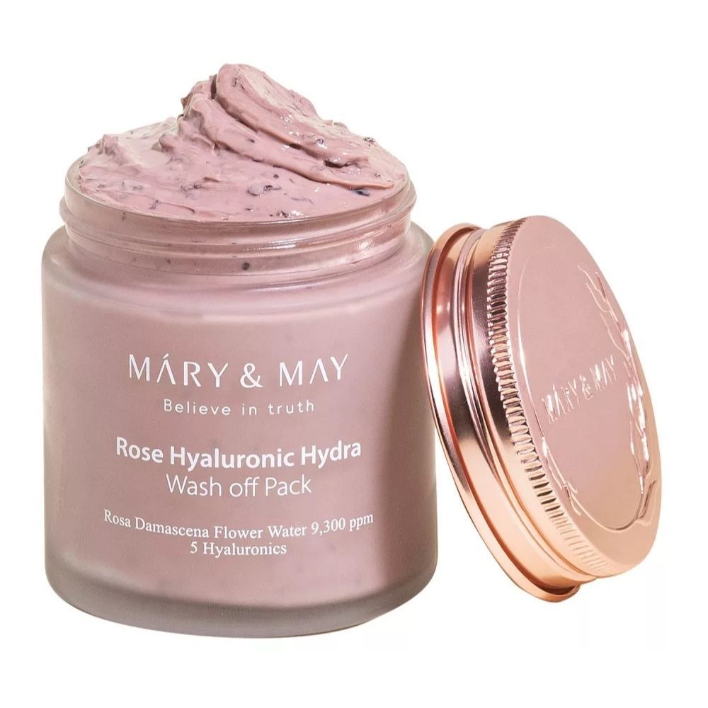 Mary & May Rose Hyaluronic Hydra Wash-off Pack ouvert, avec le couvercle rose à côté.