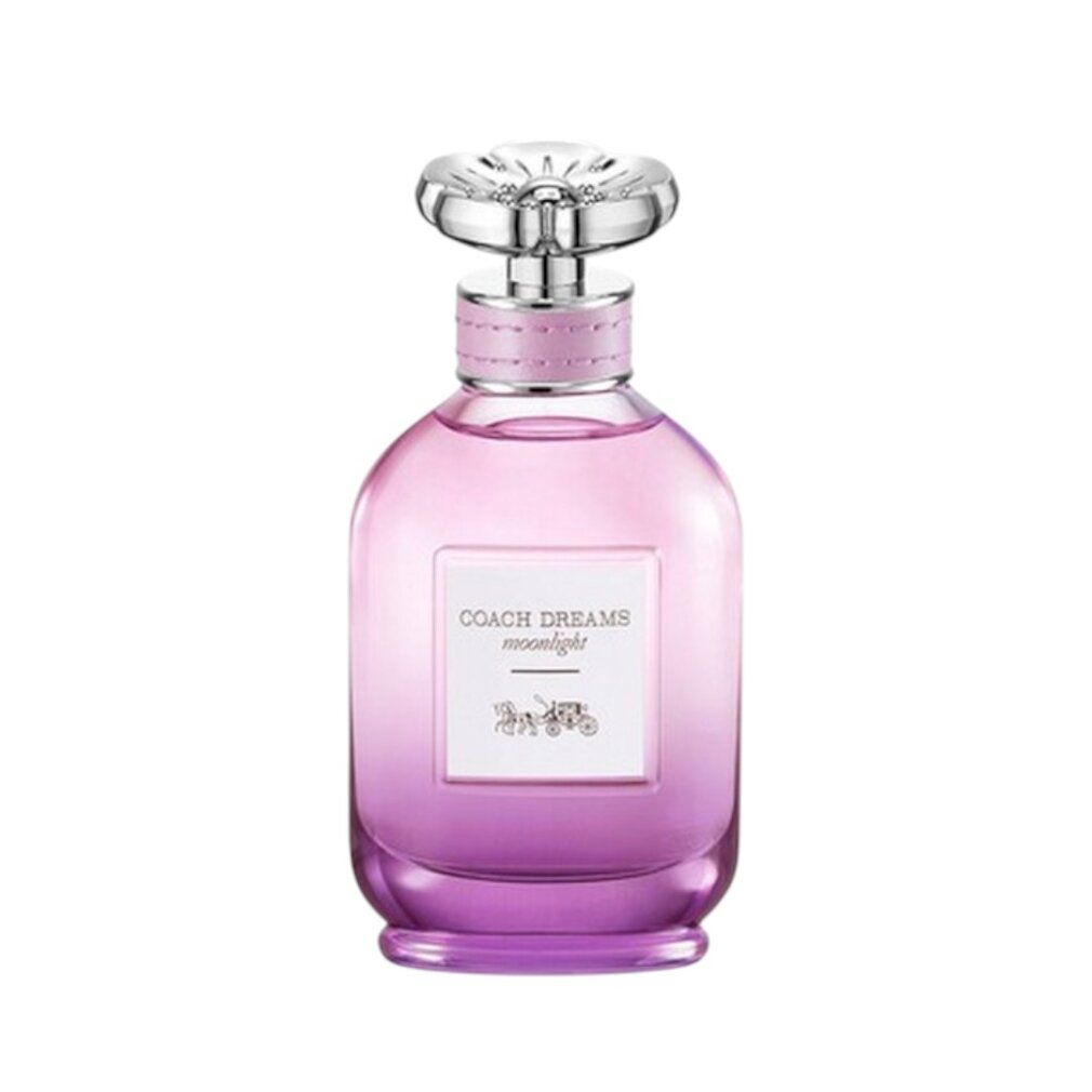 Parfumfles. Roze-paarse vloeistof, zilveren dop. Tekst: Coach Dreams Moonlight.