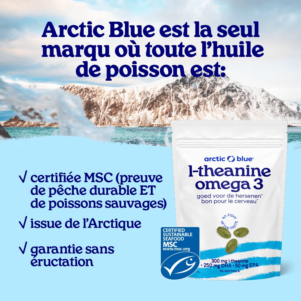 Emballage Arctic Blue L-Théanine Oméga-3 avec label MSC et texte sur la pêche durable.