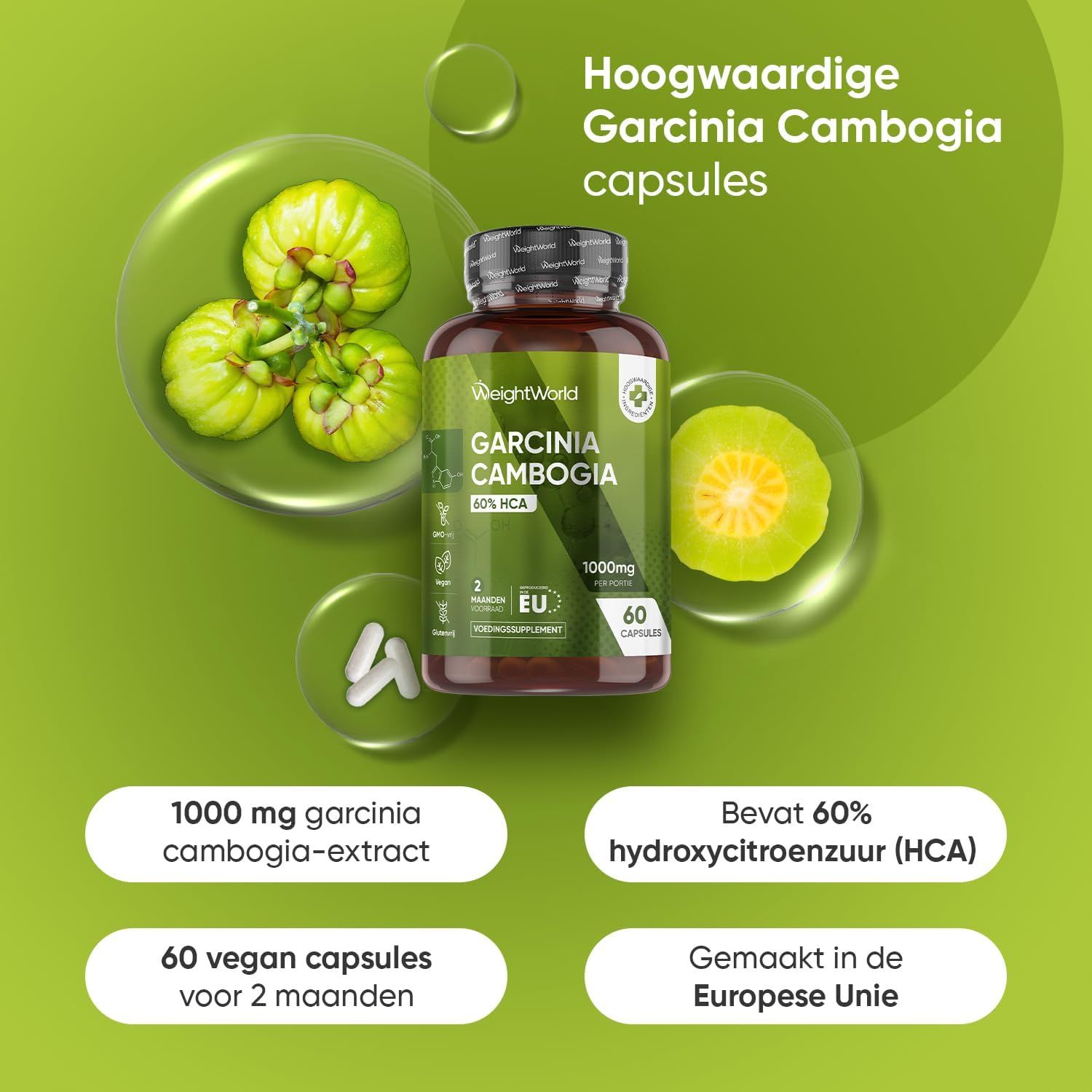WeightWorld Garcinia Cambogia: fles, 1000mg, 60 capsules, 2 maanden voorraad, EU.
