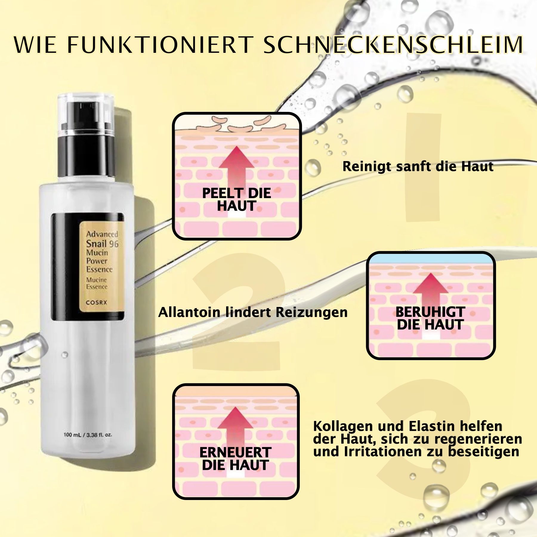 Flacon d'essence de mucine d'escargot avancée COSRX 96, 100ml.