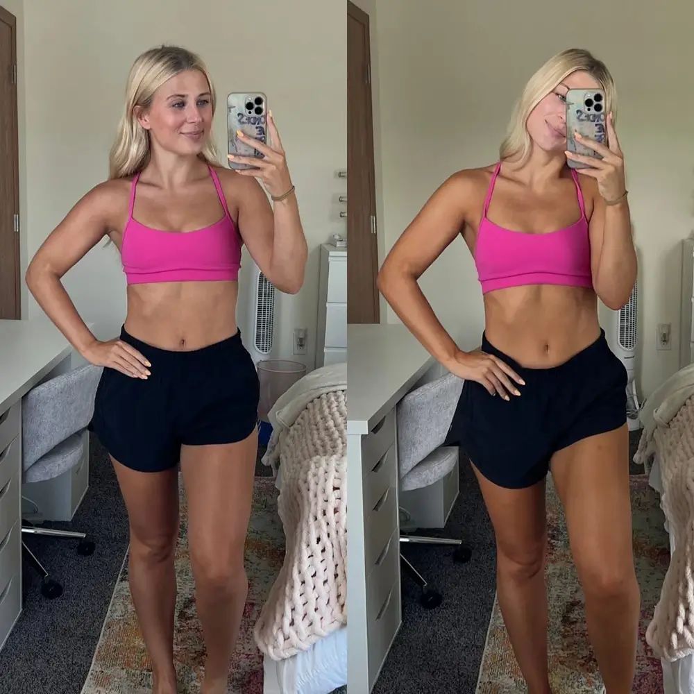 Deux photos d'une femme. Gauche : peau claire. Droite : peau bronzée. Elle porte un soutien-gorge de sport et un short. Miroir en arrière-plan.