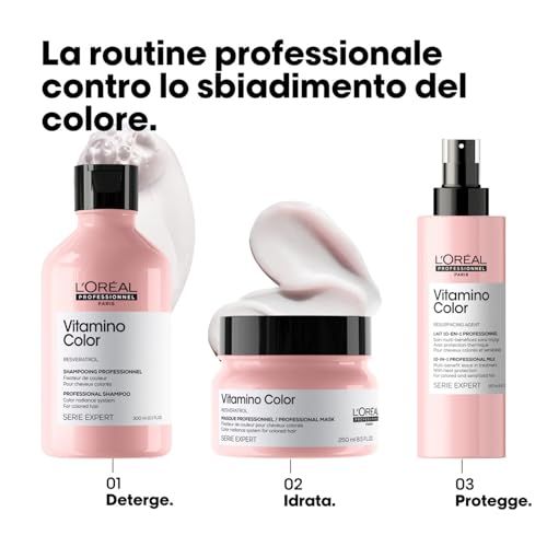 Drie L'Oréal Professionnel Vitamino Color producten: shampoo, masker en spray, met stap-voor-stap instructies.