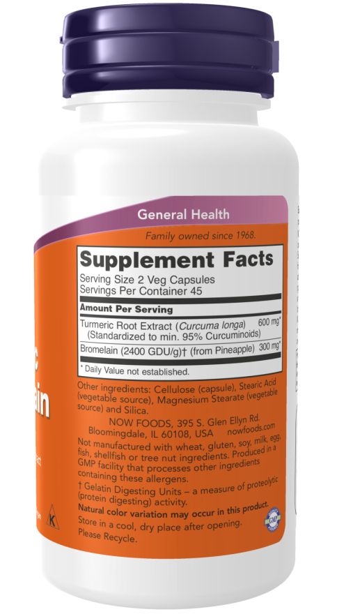 Achterkant van de fles. Oranje etiket met tekst: Supplement Facts. Bevat informatie over ingrediënten en voedingswaarde.
