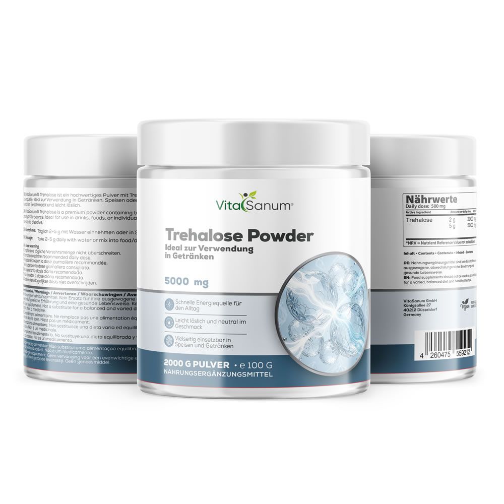 Trois boîtes de poudre de tréhalose VitaSanum, 100g. Une boîte montre la face avant avec les informations produit.