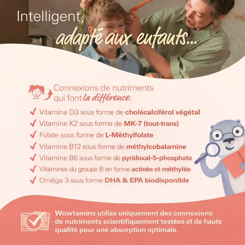Bouteille WOWTAMINS KIDS COMPLETE avec étiquette mettant en avant 13 vitamines, 3 minéraux et acides gras Oméga 3.