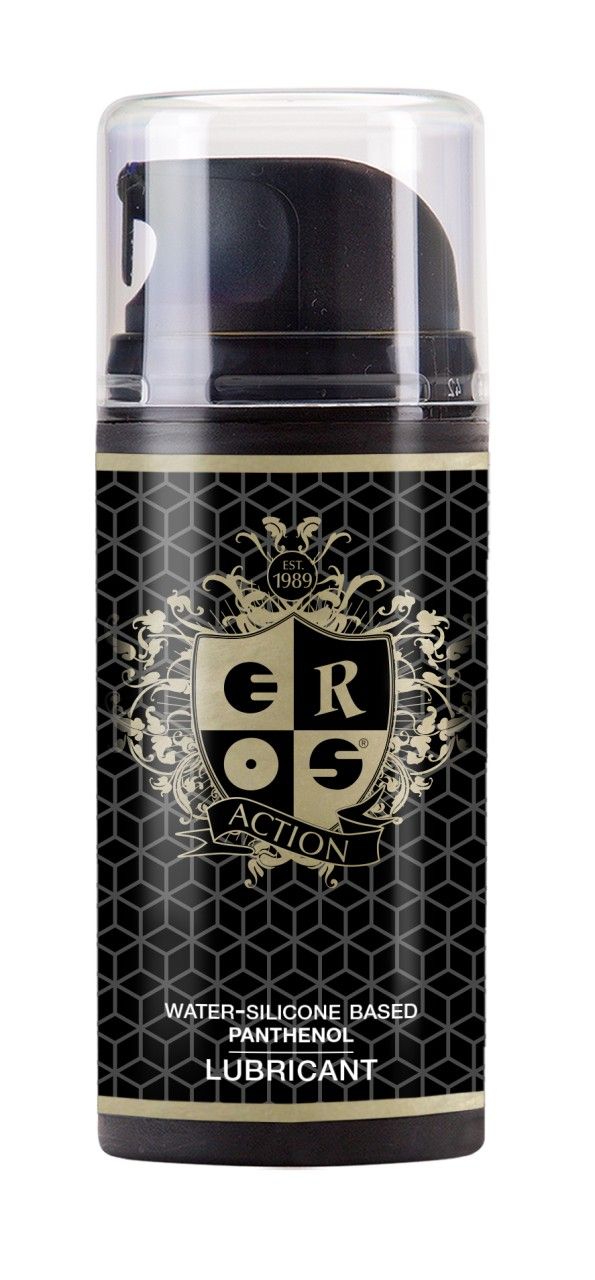 Lubrifiant EROS Action dans un flacon noir avec distributeur. Base eau-silicone avec panthénol.