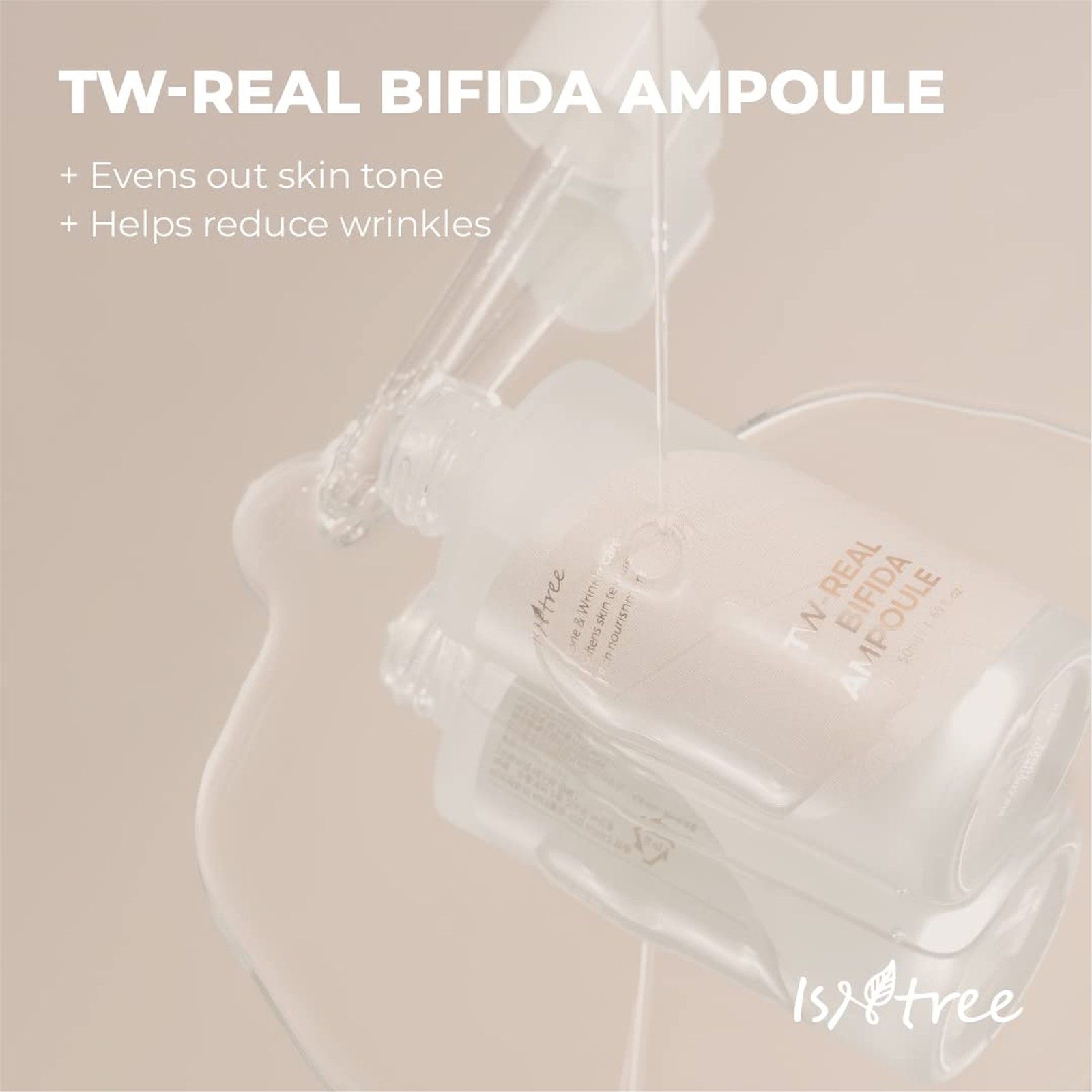 Druppels Isntree TW-Real Bifida Ampoule vallen uit pipet in heldere vloeistof.
