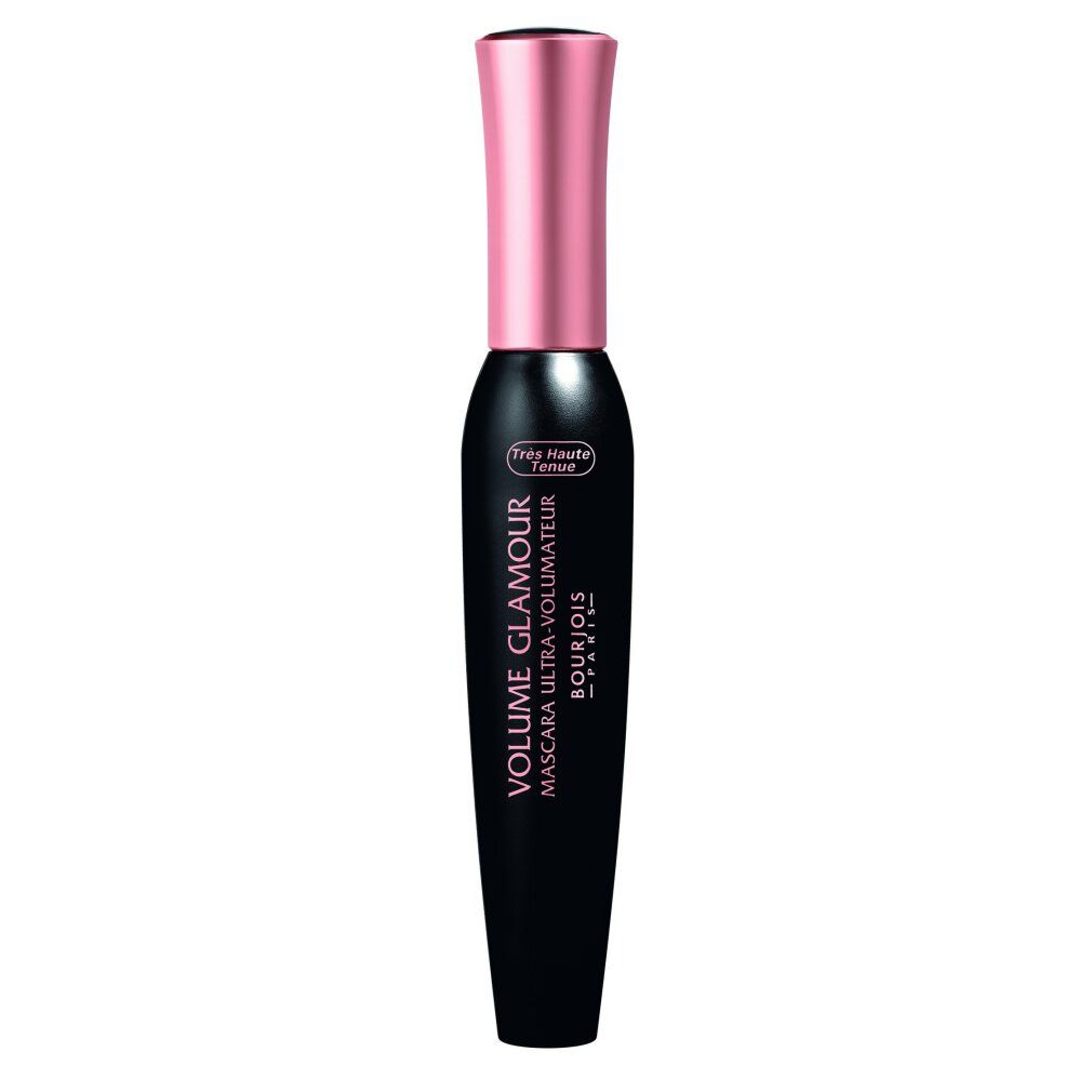Tube de mascara noir avec capuchon rose doré. Inscription : VOLUME GLAMOUR, BOURJOIS.