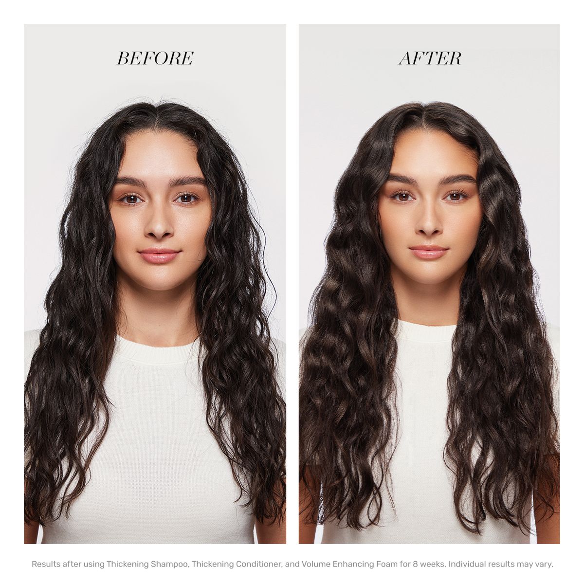 Voor/na-vergelijking. Vrouw met donker haar. Teksten: « BEFORE » en « AFTER ». Resultaten na 8 weken met shampoo, conditioner en schuim.