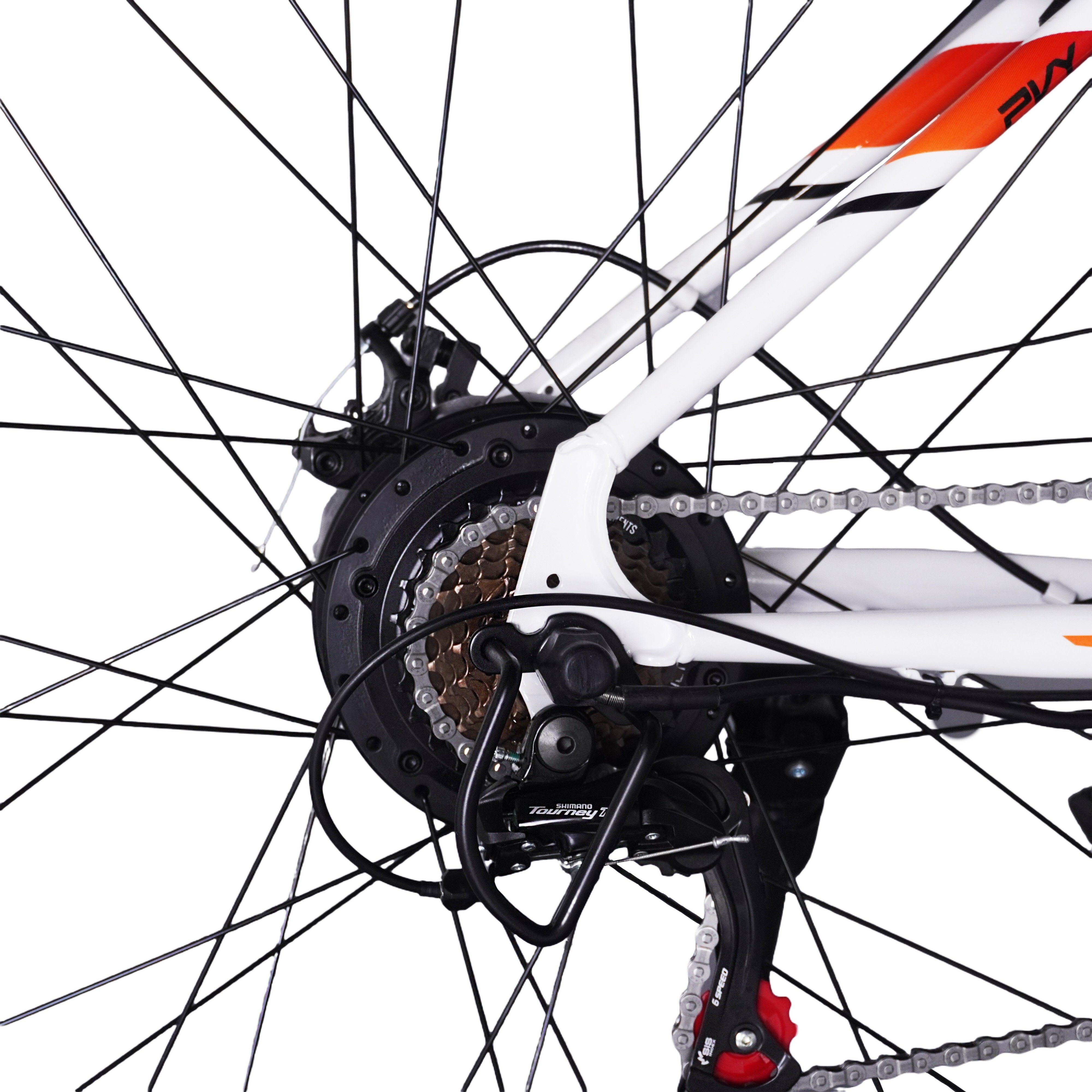 Gros plan de la roue arrière d'un vélo électrique. Pignons, chaîne et dérailleur visibles.