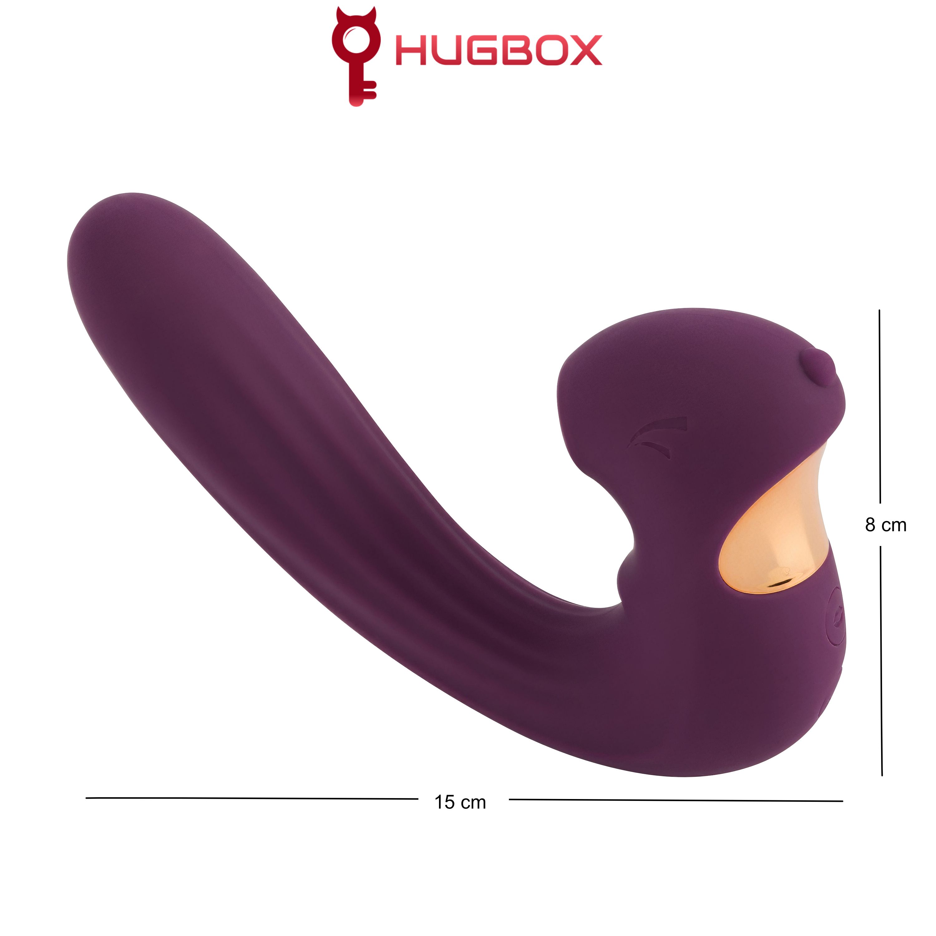 Paarse vibrator met gebogen vorm. Gouden accenten. Afmetingen: 15 cm x 8 cm. HUGBOX logo.