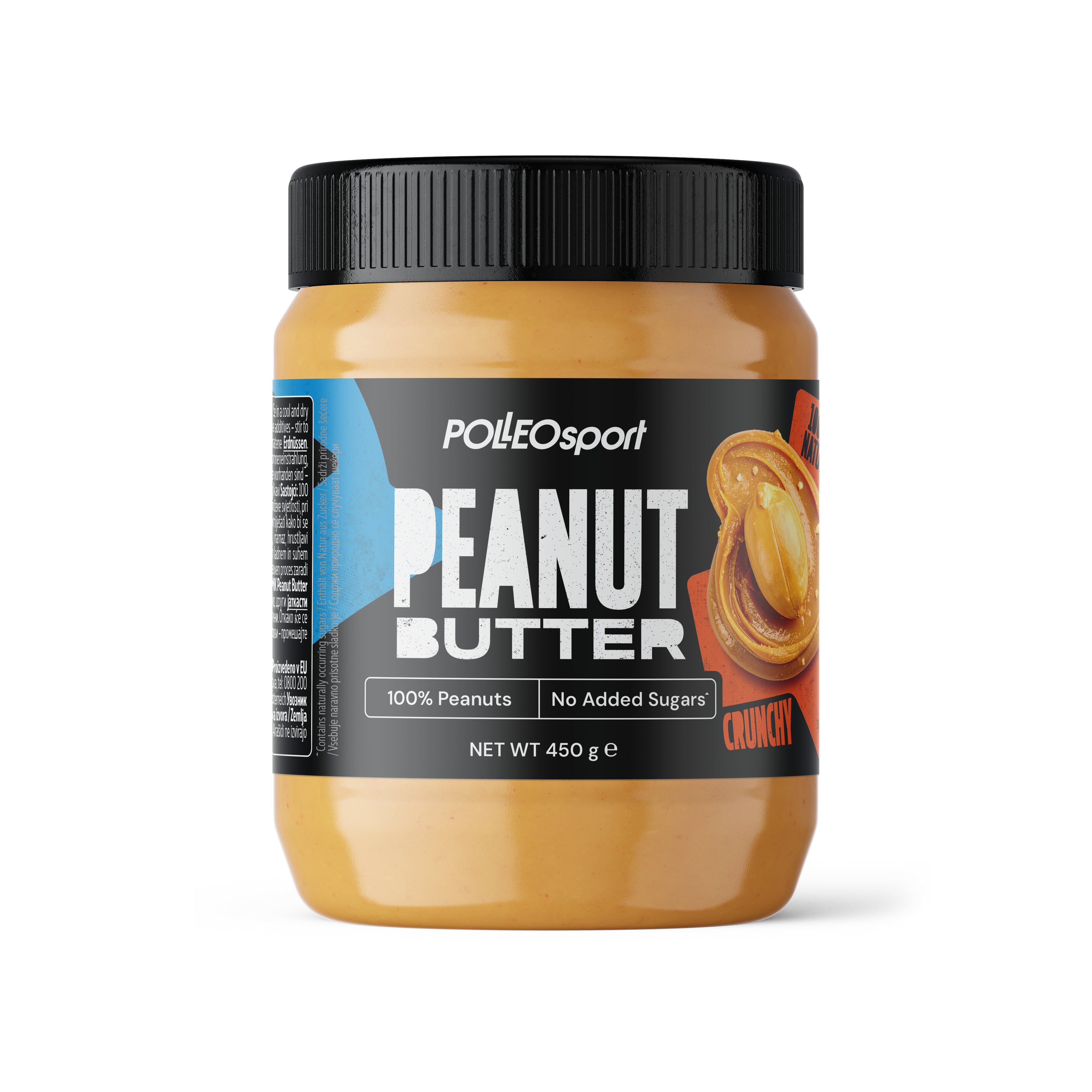 Pindakaas Polleo Crunchy, pot van 450g. 100% pinda's, zonder toegevoegde suikers.