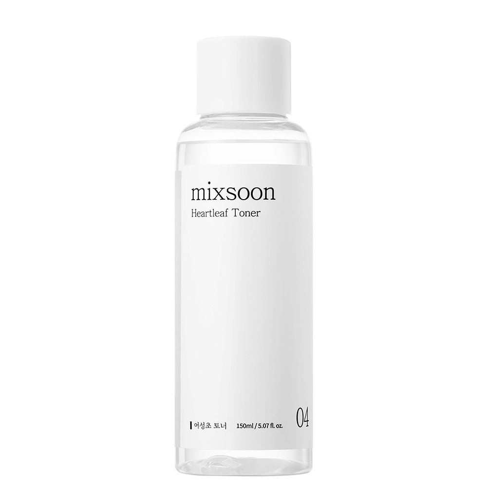 Mixsoon Heartleaf Toner dans une bouteille transparente avec un bouchon blanc. Étiquette minimaliste avec le nom du produit.