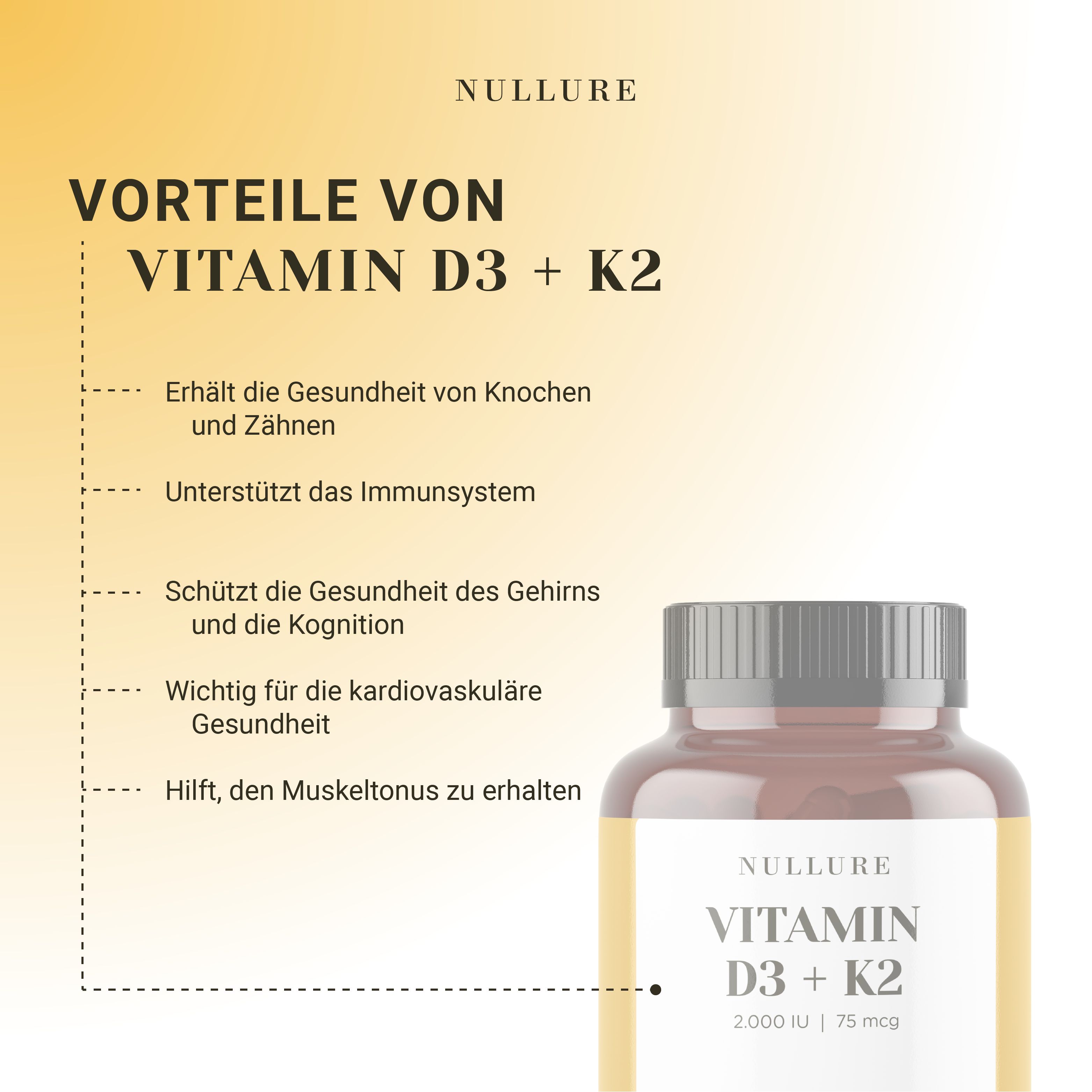 Flacon brun avec étiquette jaune. Texte : Avantages de la vitamine D3 + K2. Maintient la santé des os et des dents, soutient le système immunitaire.