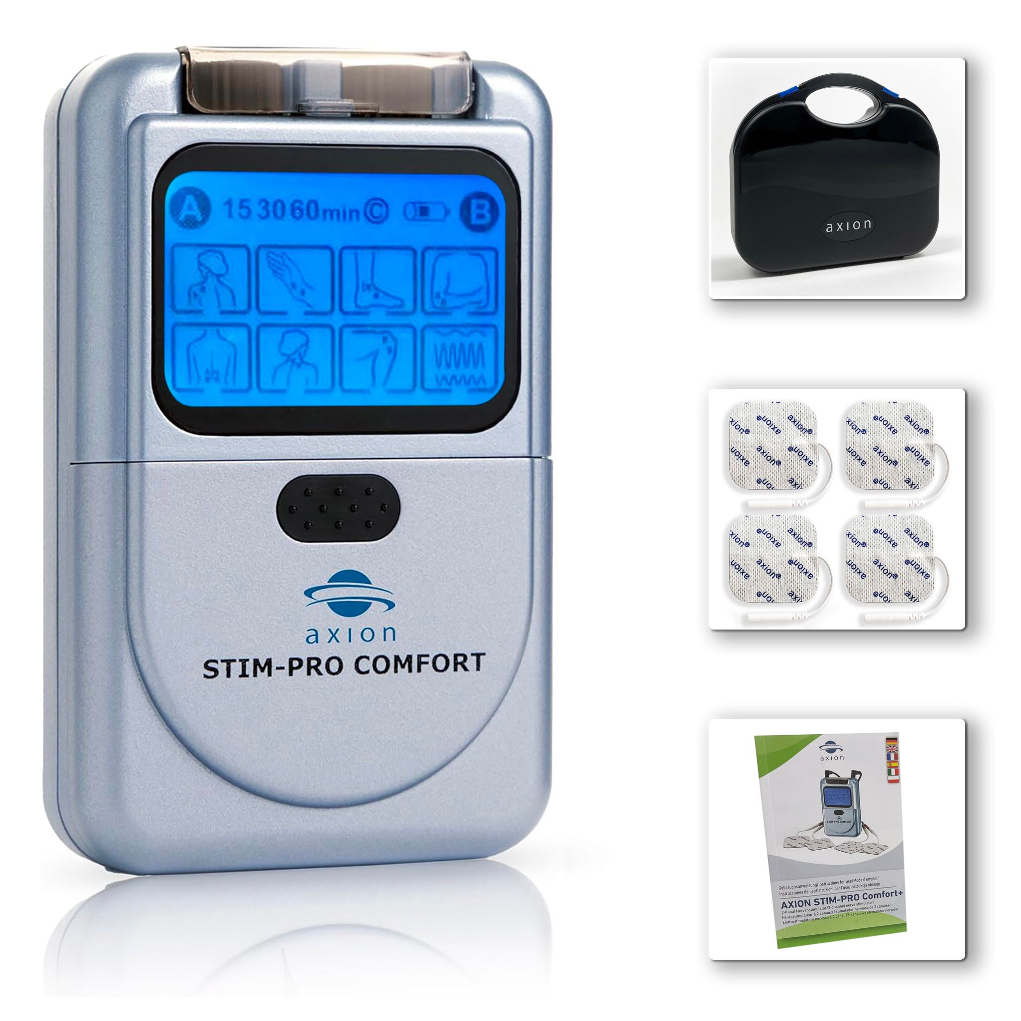 Appareil TENS, accessoires et emballage. axion STIM-PRO COMFORT. Électrodes, sac de transport, notices.