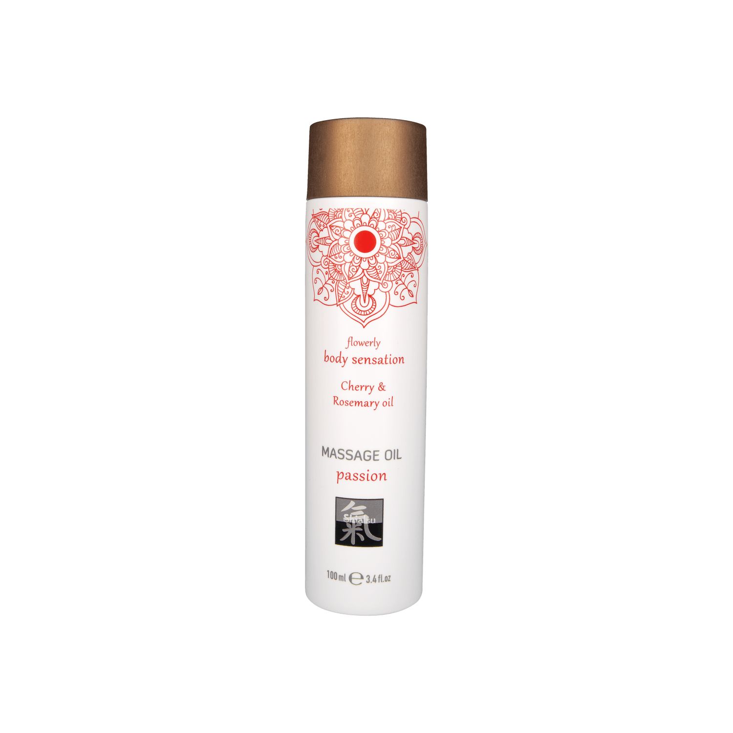 Bouteille d'huile de massage Passion à la cerise et au romarin. Blanc avec motif rouge.
