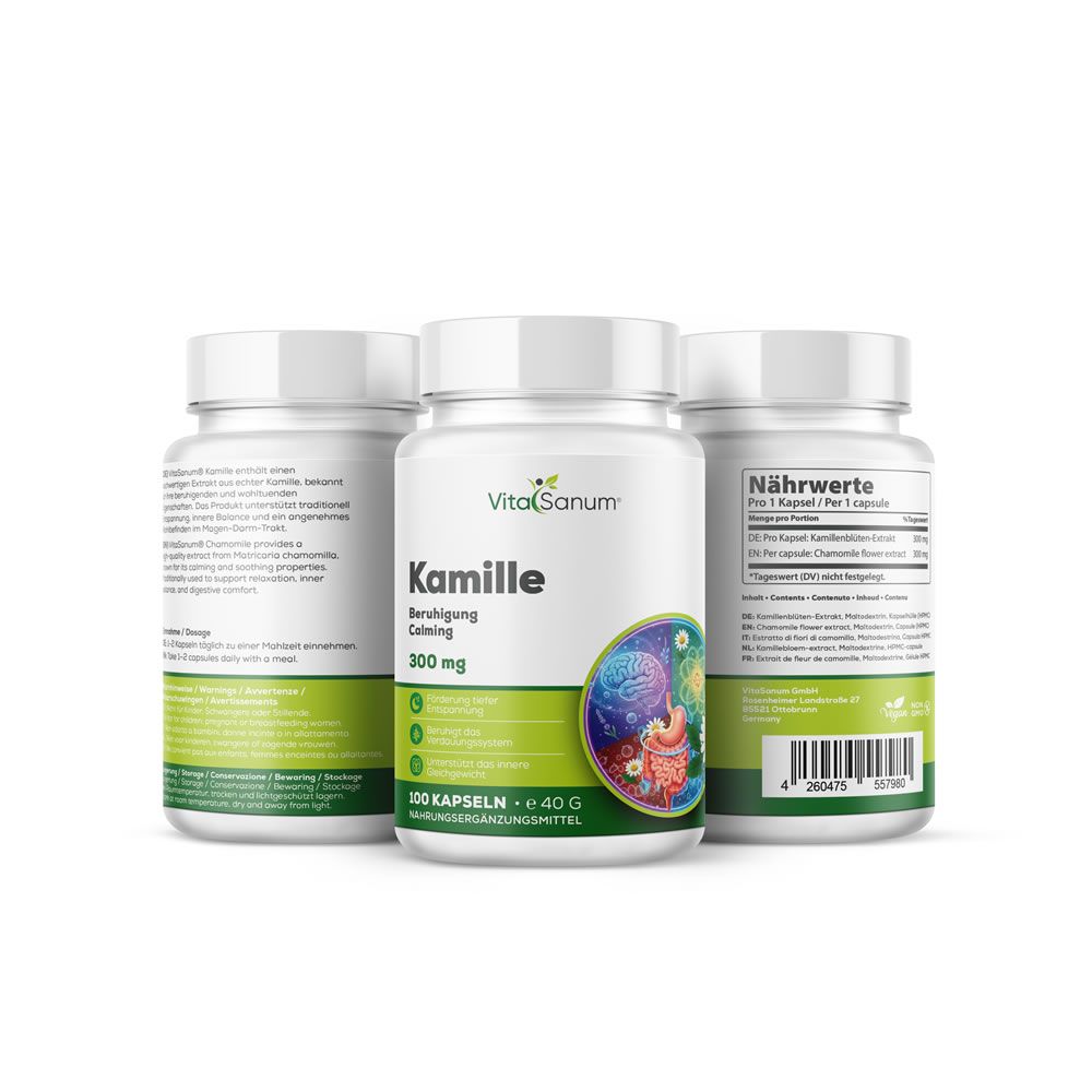 Trois flacons blancs avec étiquette verte. Inscription: Kamille, 300 mg, VitaSanum. Illustration cerveau et organes.