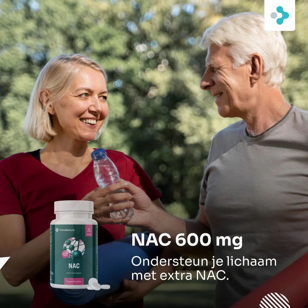 Man en vrouw buiten. Fles NAC 600 mg. Tekst: Ondersteun je lichaam met NAC.