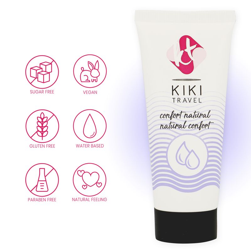 Tube de gel lubrifiant Kiki Travel avec icônes : Sans sucre, Vegan, Sans gluten, à base d'eau, Sans paraben, Sensation naturelle.