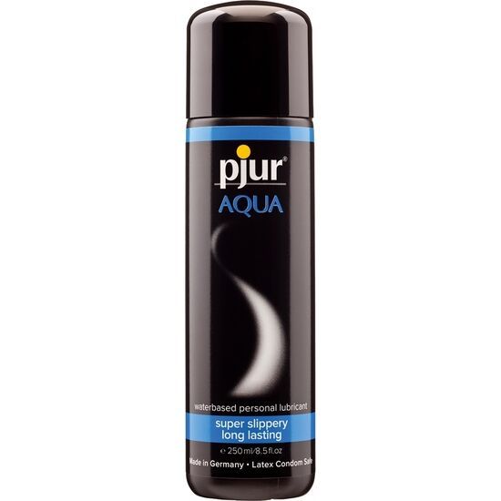Flacon noir avec bande bleue. Inscription: pjur AQUA. Texte: super slippery long lasting. 250ml.