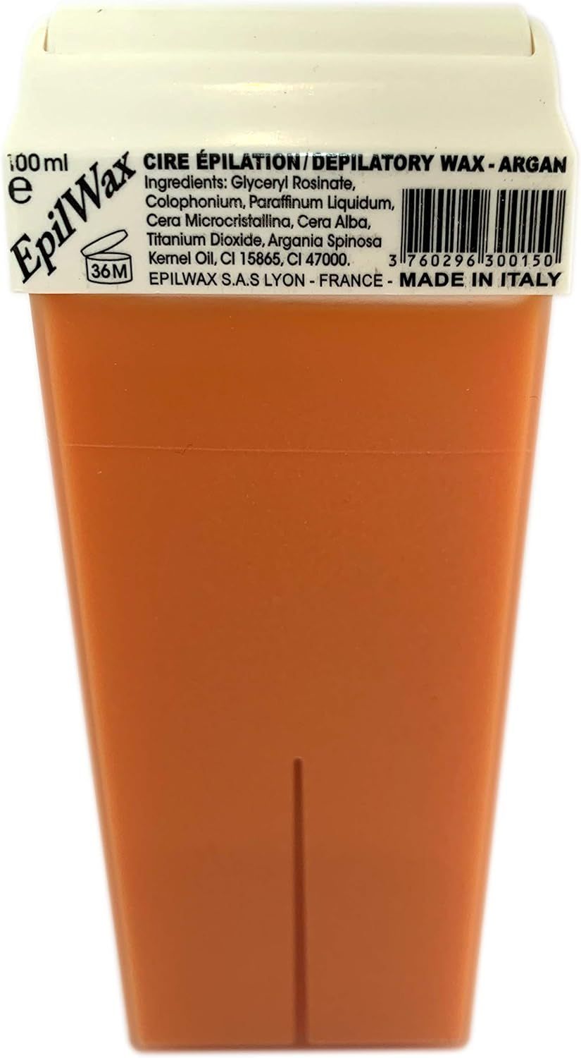 Cartouche de cire unique, cire orange, couvercle blanc. Inscription: EpilWax, ingrédients, code-barres.