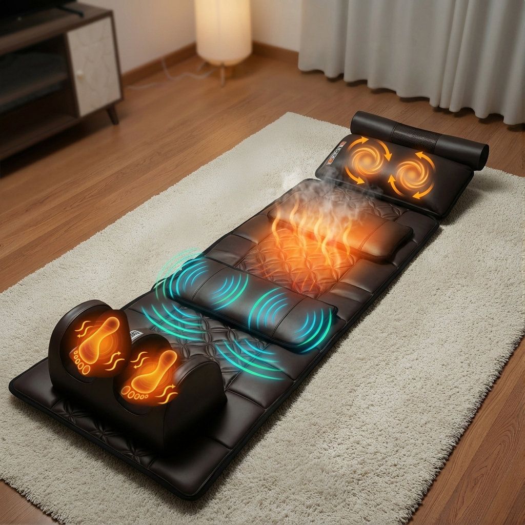 Bruine massagemat met voetsteun. Grafische weergaven van warmte en massagepunten zijn zichtbaar op de mat.