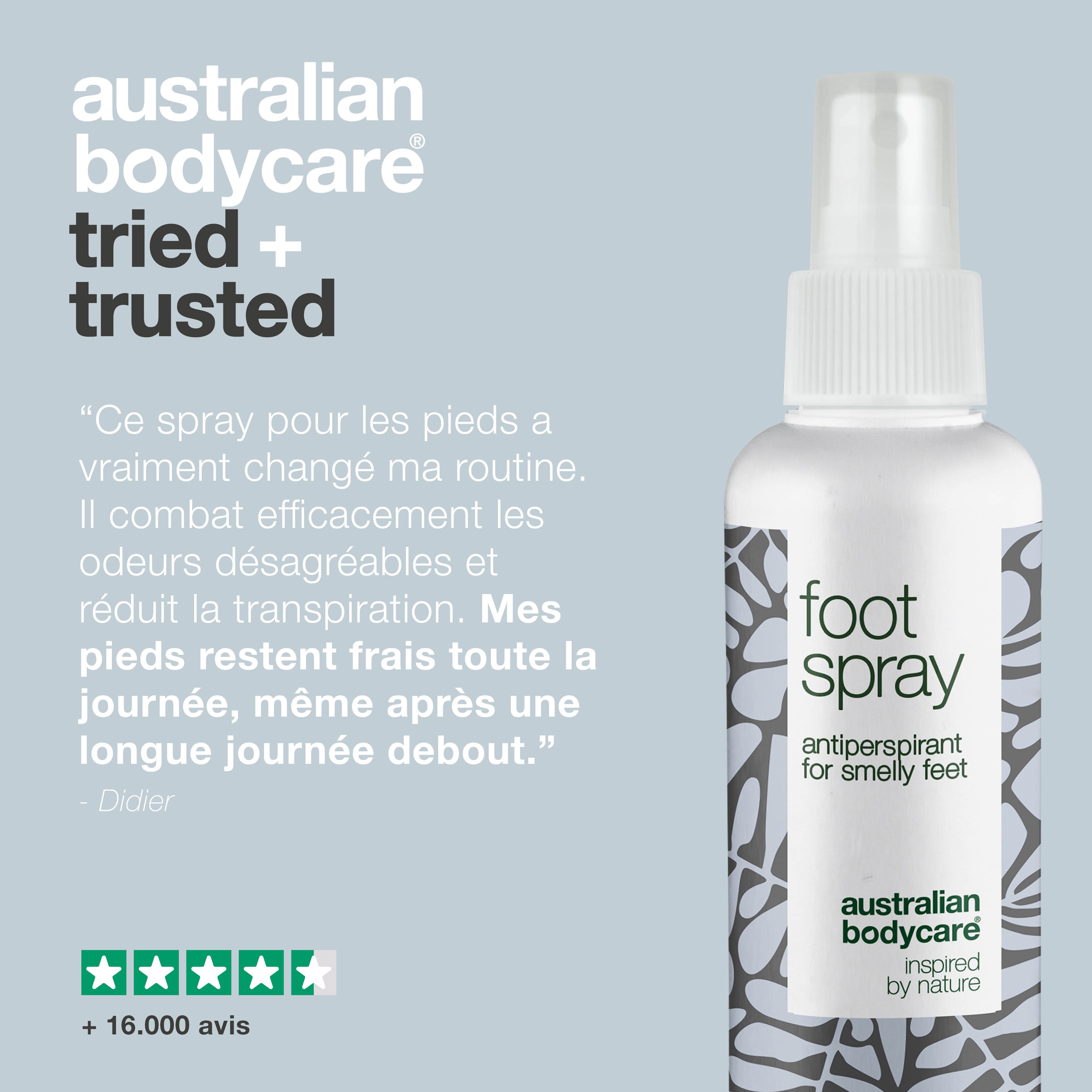 Flacon de spray pour les pieds. Texte : Témoignage, +16 000 avis, Australian Bodycare.