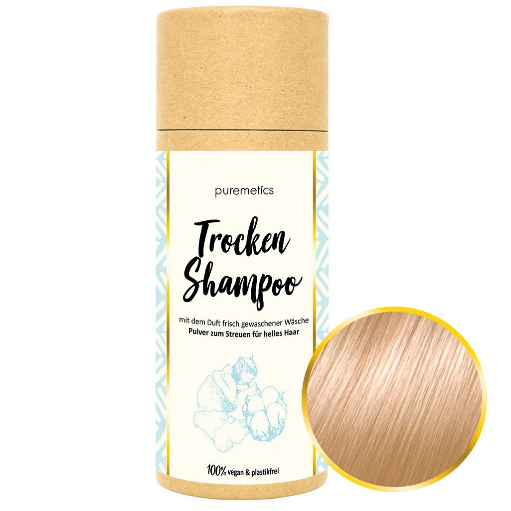 Emballage cylindrique avec "puremetics Trocken Shampoo". Texte et illustrations. À droite : mèche de cheveux blonds clairs.