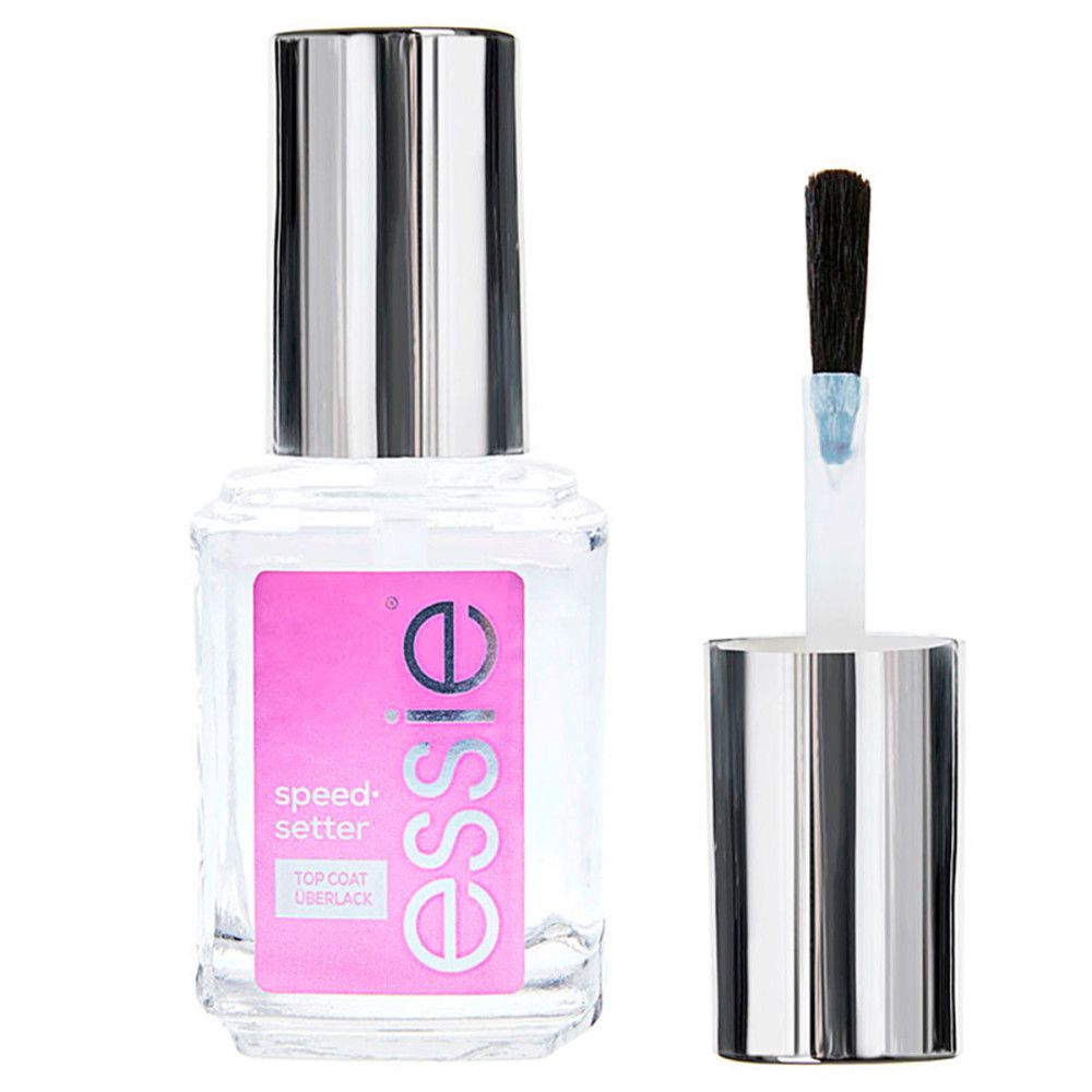 Essie Speed-Setter Top Coat. Flesje met zilveren dop en kwast. Roze etiket met productnaam. Kwast ernaast.