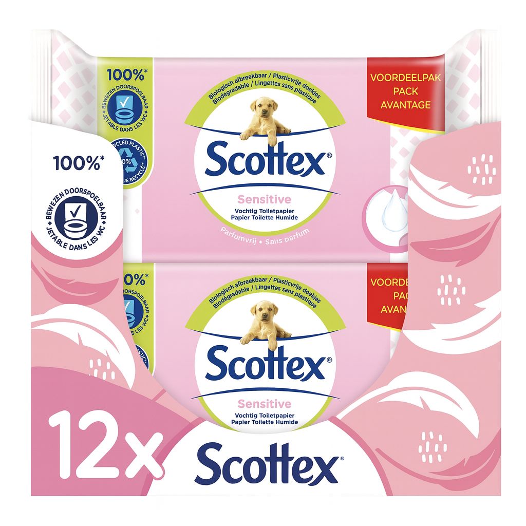 Verpakking met 12 pakken vochtig toiletpapier. Roze verpakking met logo en productnaam. Bevat 100% recyclebaar materiaal.