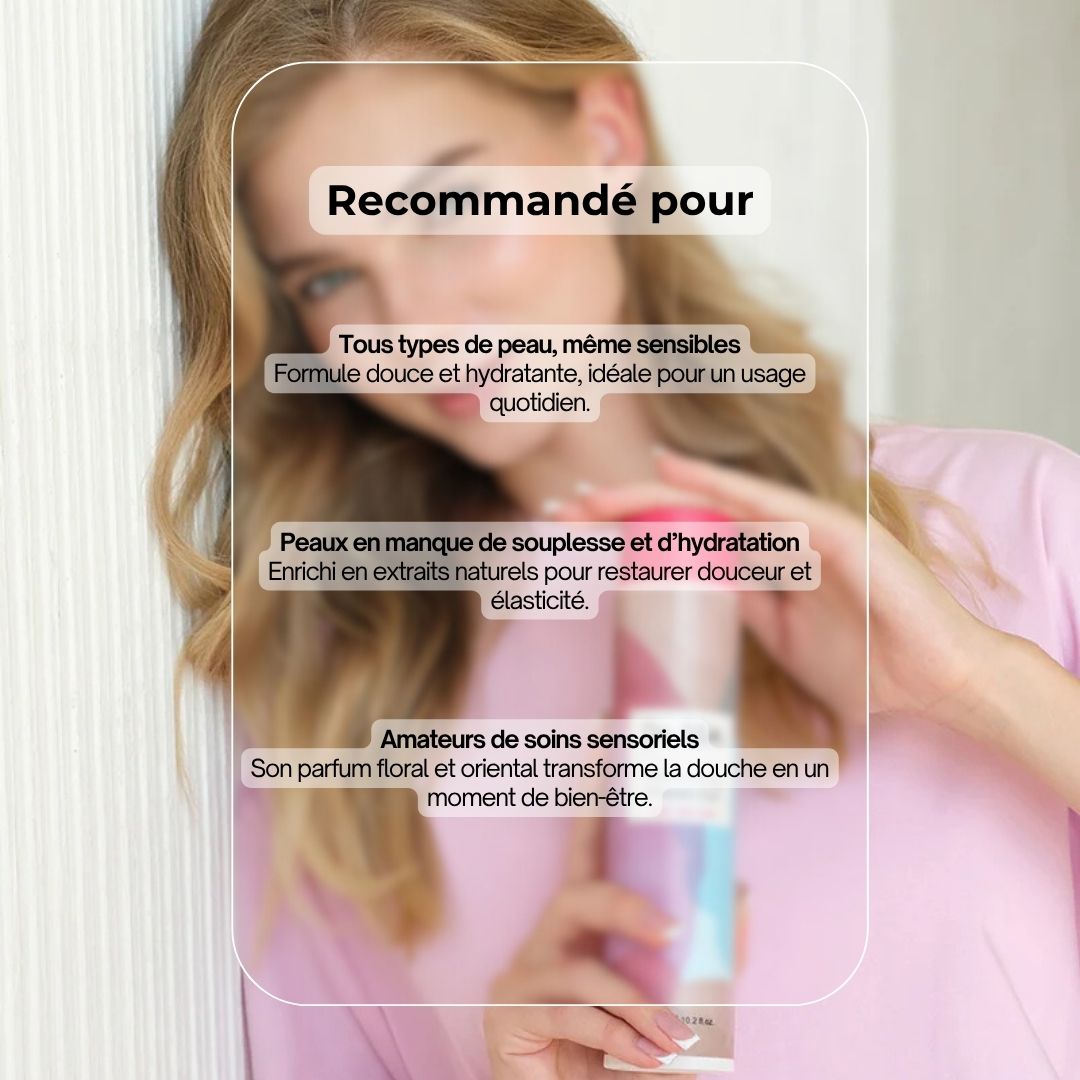 Femme tenant un flacon de gel douche. Texte : Dr. SEA, Moisturising Shower Gel. Recommandé pour tous les types de peau, même sensibles.