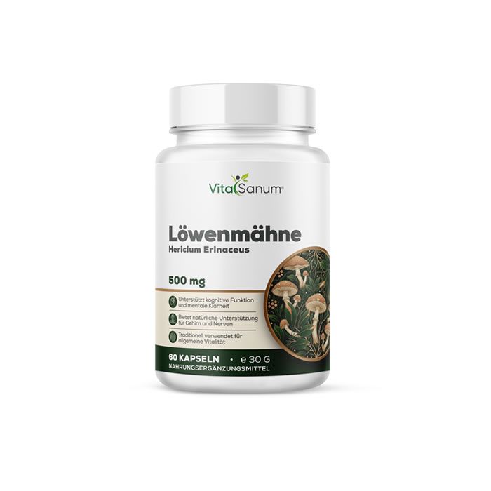 Flacon blanc VitaSanum® Löwenmähne. Étiquette avec nom du produit, illustration de champignons et 60 gélules. 500 mg.
