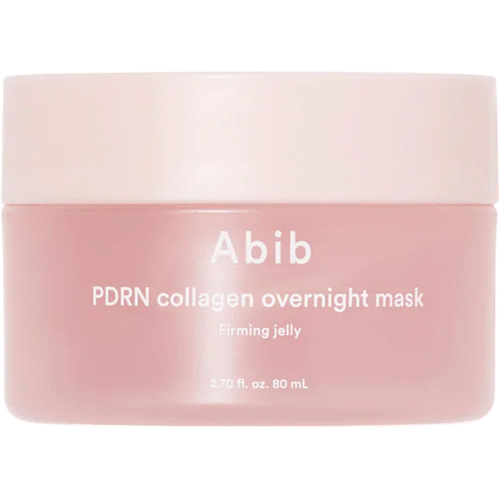 Pot rose avec couvercle. Inscription : Abib PDRN collagen overnight mask. Firming jelly. 2.70 fl. oz. 80 mL.